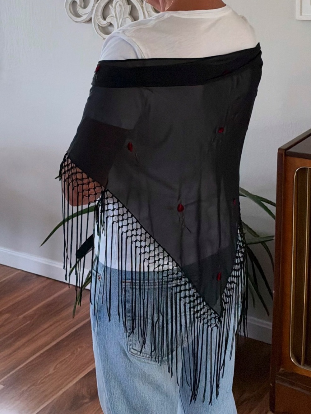 Vintage 60s Piano Shawl with Embroidered Red Roses: Black Fringe Sheer